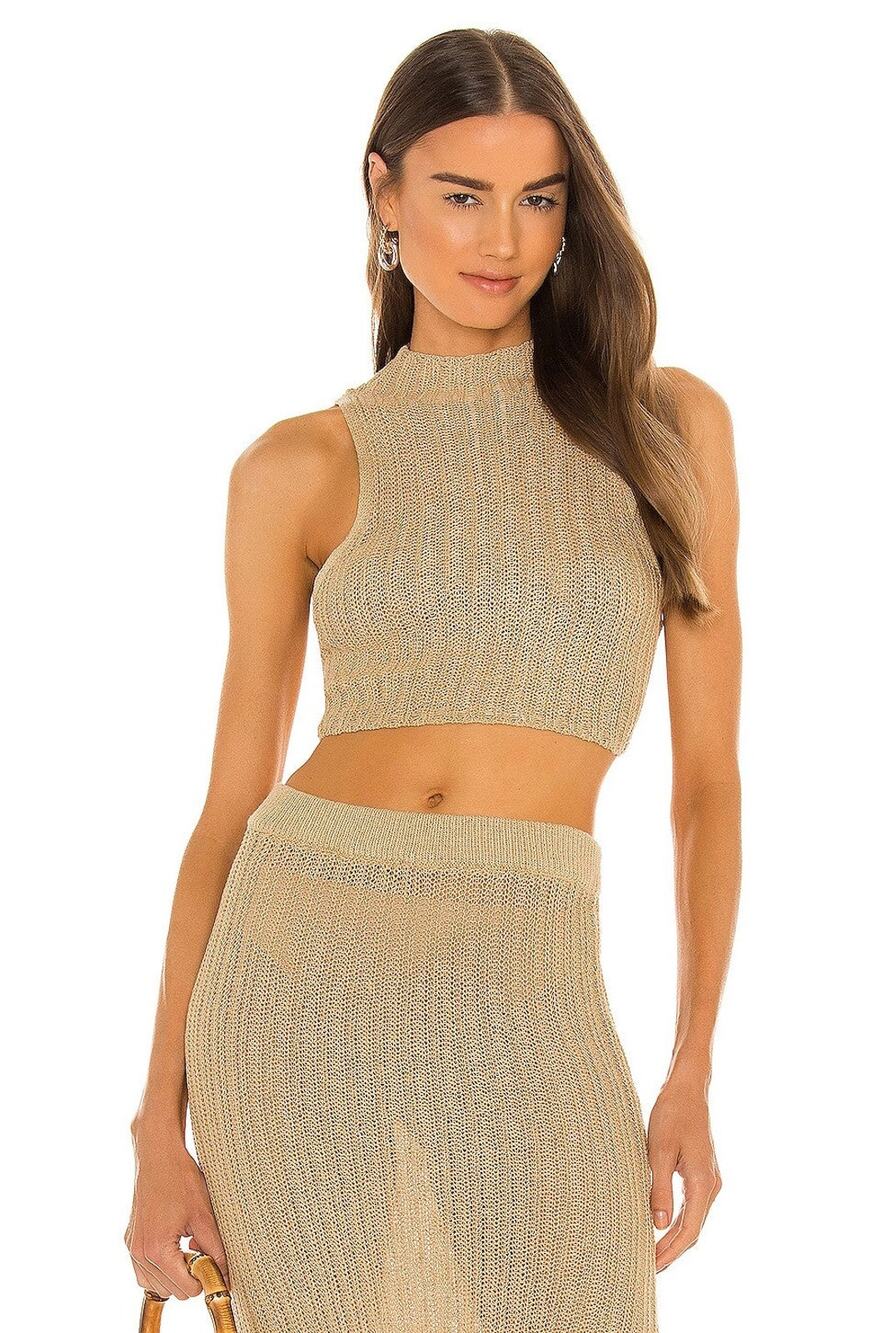 Camila Coelho Cleo Knit Cropped Top - S - Gold Flax